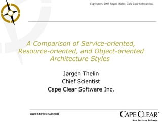 A Comparison of Service-oriented, Resource-oriented, and Object-oriented Architecture Styles   Jørgen Thelin Chief Scientist Cape Clear Software Inc. 