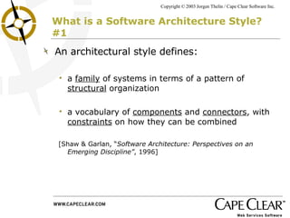What is a Software Architecture Style? #1 An architectural style defines:  a  family  of systems in terms of a pattern of  structural  organization  a vocabulary of  components  and  connectors , with  constraints  on how they can be combined [ Shaw & Garlan, “ Software Architecture: Perspectives on an Emerging Discipline” , 1996] 