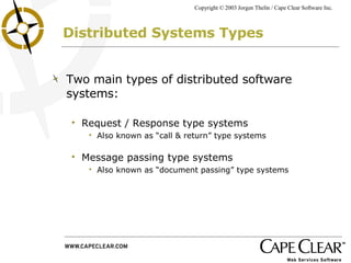 Distributed Systems Types Two main types of distributed software systems: Request / Response type systems Also known as “call & return” type systems Message passing type systems Also known as “document passing” type systems 