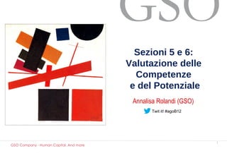 Sezioni 5 e 6:
                                        Valutazione delle
                                          Competenze
                                         e del Potenziale
                                         Annalisa Rolandi (GSO)
                                               Twit it! #agoB12




                                                                  1
GSO Company - Human Capital. And more
 