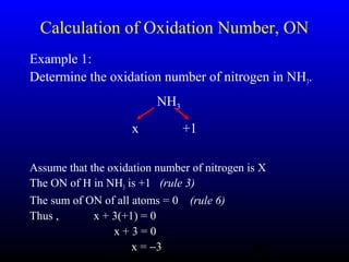 20
Calculation of Oxidation Number, ON
Example 1:
Determine the oxidation number of nitrogen in NH3.
Assume that the oxidation number of nitrogen is X
The ON of H in NH3 is +1 (rule 3)
The sum of ON of all atoms = 0 (rule 6)
Thus , x + 3(+1) = 0
x + 3 = 0
x = −3
NH3
x +1
 