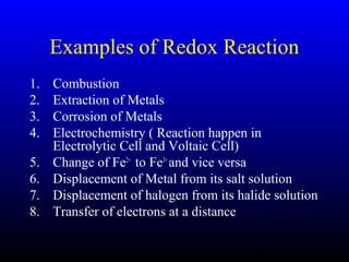 32
Examples of Redox Reaction
1. Combustion
2. Extraction of Metals
3. Corrosion of Metals
4. Electrochemistry ( Reaction happen in
Electrolytic Cell and Voltaic Cell)
5. Change of Fe2+
to Fe3+
and vice versa
6. Displacement of Metal from its salt solution
7. Displacement of halogen from its halide solution
8. Transfer of electrons at a distance
 
