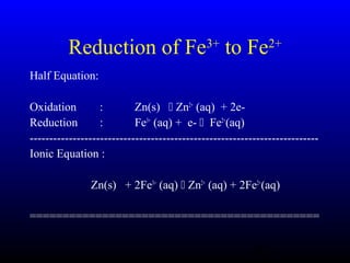 40
Reduction of Fe3+
to Fe2+
Half Equation:
Oxidation : Zn(s)  Zn2+
(aq) + 2e-
Reduction : Fe3+
(aq) + e-  Fe2+
(aq)
--------------------------------------------------------------------------
Ionic Equation :
Zn(s) + 2Fe3+
(aq)  Zn2+
(aq) + 2Fe2+
(aq)
============================================
 