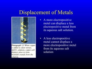 42
Displacement of Metals
• A more electropositive
metal can displace a less
electropositive metal from
its aqueous salt solution.
• A less electropositive
metal cannot displace a
more electropositive metal
from its aqueous salt
solution
 