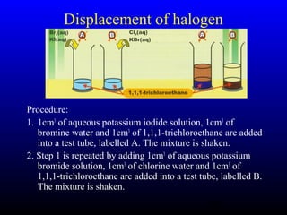 49
Displacement of halogen
Procedure:
1. 1cm3
of aqueous potassium iodide solution, 1cm3
of
bromine water and 1cm3
of 1,1,1-trichloroethane are added
into a test tube, labelled A. The mixture is shaken.
2. Step 1 is repeated by adding 1cm3
of aqueous potassium
bromide solution, 1cm3
of chlorine water and 1cm3
of
1,1,1-trichloroethane are added into a test tube, labelled B.
The mixture is shaken.
 
