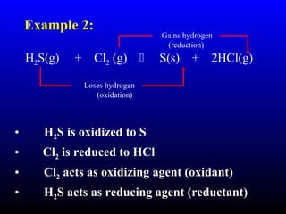 8
H2S(g) + Cl2 (g)  S(s) + 2HCl(g)
• H2S is oxidized to S
• Cl2 is reduced to HCl
• Cl2 acts as oxidizing agent (oxidant)
• H2S acts as reducing agent (reductant)
Gains hydrogen
(reduction)
Loses hydrogen
(oxidation)
Example 2:
 