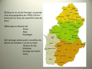  Situa-se no sul de Portugal, ocupando
uma área geográfica de 27003,158 km2
(cerca de um terço da superfície total do
país )

Abrange os distritos de:
                   Évora
                   Beja
                   Portalegre

 E abrange ainda quatro concelhos do
distrito de Setúbal a sul do rio Sado :
                     Alcácer do Sal,
                     Grândola,
                     Santiago do Cacém
                     Sines
 