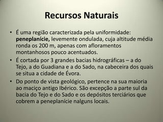 Recursos Naturais
• É uma região caracterizada pela uniformidade:
  peneplanície, levemente ondulada, cuja altitude média
  ronda os 200 m, apenas com afloramentos
  montanhosos pouco acentuados.
• É cortada por 3 grandes bacias hidrográficas – a do
  Tejo, a do Guadiana e a do Sado, na cabeceira dos quais
  se situa a cidade de Évora.
• Do ponto de vista geológico, pertence na sua maioria
  ao maciço antigo Ibérico. São excepção a parte sul da
  bacia do Tejo e do Sado e os depósitos terciários que
  cobrem a peneplanície nalguns locais.
 