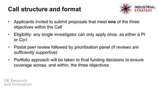 • Applicants invited to submit proposals that meet one of the three
objectives within the Call
• Eligibility: any single investigator can only apply once, as either a PI
or Co-I
• Postal peer review followed by prioritisation panel (if reviews are
sufficiently supportive)
• Portfolio approach will be taken to final funding decisions to ensure
coverage across, and within, the three objectives
Call structure and format
 