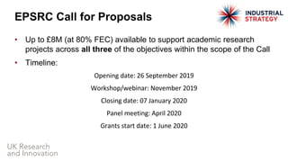 • Up to £8M (at 80% FEC) available to support academic research
projects across all three of the objectives within the scope of the Call
• Timeline:
Opening date: 26 September 2019
Workshop/webinar: November 2019
Closing date: 07 January 2020
Panel meeting: April 2020
Grants start date: 1 June 2020
EPSRC Call for Proposals
 