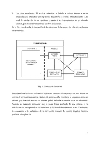 6. Los otros estudiantes: El servicio educativo se brinda al mismo tiempo a varios
estudiantes que interactuar con el personal de contacto y, además, interactúan entre sí. El
nivel de satisfacción de un estudiante respecto al servicio educativo se ve afectado,
también, por el comportamiento de los otros estudiantes.
En la Fig. 1 se describe la interacción de los elementos de la servucción educativa señalados
anteriormente:
Fig. 1: Servucción Educativa
El equipo directivo de una universidad debe tener en cuenta diversos aspectos para diseñar un
sistema de servucción educativa efectivo. Al respecto, debe considerar la servucción como un
sistema que debe ser pensado de manera global teniendo en cuenta todos sus elementos.
Además, es necesario considerar que la única lógica profunda de este sistema es la
satisfacción de las expectativas del estudiante y facilitar el desempeño de su rol. Finalmente,
la concepción y la realización de la servucción requiere del equipo directivo firmeza,
precisión e imaginación.
3
ESTUDIANTE
SERVICIO
EDUCATIVO
PERSONAL DE
CONTACTO
SISTEMA DE
ORGANIZACION
INTERNA
SOPORTE
FISICO
NO VISIBLE VISIBLE
UNIVERSIDAD
 