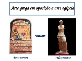 Arte grega em oposição a arte egípcia
versus
Post-mortem Vida Presente
 