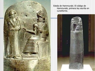 Estela de Hammurabi. El código de Hammurabi, primera ley escrita en cuneiforme. 