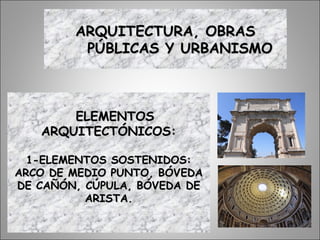 ELEMENTOSELEMENTOS
ARQUITECTÓNICOS:ARQUITECTÓNICOS:
1-ELEMENTOS SOSTENIDOS:1-ELEMENTOS SOSTENIDOS:
ARCO DE MEDIO PUNTO, BÓVEDAARCO DE MEDIO PUNTO, BÓVEDA
DE CAÑÓN, CÚPULA, BÓVEDA DEDE CAÑÓN, CÚPULA, BÓVEDA DE
ARISTA.ARISTA.
ARQUITECTURA, OBRASARQUITECTURA, OBRAS
PÚBLICAS Y URBANISMOPÚBLICAS Y URBANISMO
 