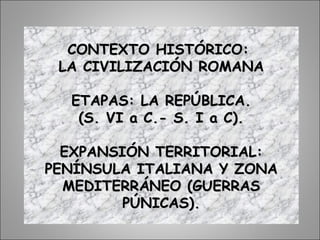 CONTEXTO HISTÓRICO:CONTEXTO HISTÓRICO:
LA CIVILIZACIÓN ROMANALA CIVILIZACIÓN ROMANA
ETAPAS: LA REPÚBLICA.ETAPAS: LA REPÚBLICA.
(S. VI a C.- S. I a C).(S. VI a C.- S. I a C).
EXPANSIÓN TERRITORIAL:EXPANSIÓN TERRITORIAL:
PENÍNSULA ITALIANA Y ZONAPENÍNSULA ITALIANA Y ZONA
MEDITERRÁNEO (GUERRASMEDITERRÁNEO (GUERRAS
PÚNICAS).PÚNICAS).
 
