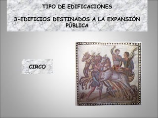 CIRCOCIRCO
TIPO DE EDIFICACIONESTIPO DE EDIFICACIONES
3-EDIFICIOS DESTINADOS A LA EXPANSIÓN3-EDIFICIOS DESTINADOS A LA EXPANSIÓN
PÚBLICAPÚBLICA
 
