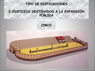 TIPO DE EDIFICACIONESTIPO DE EDIFICACIONES
3-EDIFICIOS DESTINADOS A LA EXPANSIÓN3-EDIFICIOS DESTINADOS A LA EXPANSIÓN
PÚBLICAPÚBLICA
CIRCOCIRCO
 