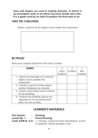 Lines and shapes are used in making sketches. A sketch is 
an incomplete work of art which may lack details and color. 
It is a guide used by an artist to produce his final work of art. 
TAKE THE CHALLENGE 
Make a sketch of an object seen inside the classroom . 
BE PROUD 
Rate your outputs based on the rubric below. 
RUBRIC 3 
19 
Very 
Evident 
2 
Evident 
1 
Not 
Evident 
1. I drew an example of a natural 
object seen outside the 
classroom. 
2. I made a sketch of the object 
before finalizing my artwork. 
3. Texture and shape were evident 
in my drawing. 
4. I shared my feelings about my 
experience to my classmates 
after the art activity. 
LEARNER’S MATERIALS 
First Quarter : Drawing 
Lesson No. 7 : Pencil Drawing 
Code A3PR-lh & Ie : 1. Creates a pencil or pen drawing of scene 
in daily life, where people in the 
 