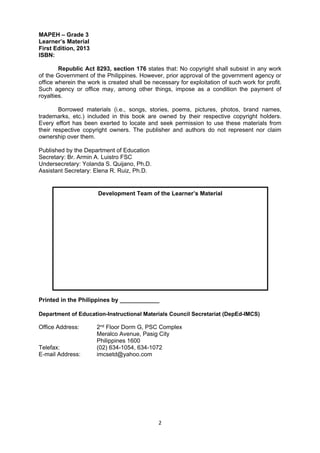 Development Team of the Learner’s Material 
2 
MAPEH – Grade 3 
Learner’s Material 
First Edition, 2013 
ISBN: 
Republic Act 8293, section 176 states that: No copyright shall subsist in any work 
of the Government of the Philippines. However, prior approval of the government agency or 
office wherein the work is created shall be necessary for exploitation of such work for profit. 
Such agency or office may, among other things, impose as a condition the payment of 
royalties. 
Borrowed materials (i.e., songs, stories, poems, pictures, photos, brand names, 
trademarks, etc.) included in this book are owned by their respective copyright holders. 
Every effort has been exerted to locate and seek permission to use these materials from 
their respective copyright owners. The publisher and authors do not represent nor claim 
ownership over them. 
Published by the Department of Education 
Secretary: Br. Armin A. Luistro FSC 
Undersecretary: Yolanda S. Quijano, Ph.D. 
Assistant Secretary: Elena R. Ruiz, Ph.D. 
Printed in the Philippines by ____________ 
Department of Education-Instructional Materials Council Secretariat (DepEd-IMCS) 
Office Address: 2nd Floor Dorm G, PSC Complex 
Meralco Avenue, Pasig City 
Philippines 1600 
Telefax: (02) 634-1054, 634-1072 
E-mail Address: imcsetd@yahoo.com 
 