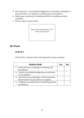 24 
 
5. Use found or recyclable/indigenous materials available in
your province or region in making your headdress.
6. Help your seatmate in finishing his/her headdress when
needed.
7. Give a title to your work.
Space for illustrations of # 4
and 5 instructions
Be Proud
Activity 2
Check the column that corresponds to your answer.
Abilities/Skills Yes No
1. I showed my creativity in making my
headdress.
2. I used recyclable/indigenous materials
in my project.
3. I shared my knowledge of the festivals I
observed in my province or region.
4. I helped my seatmate in finishing his/her
headdress.
 
 