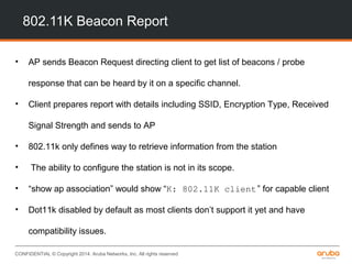 CONFIDENTIAL © Copyright 2014. Aruba Networks, Inc. All rights reserved
802.11K Beacon Report
• AP sends Beacon Request directing client to get list of beacons / probe
response that can be heard by it on a specific channel.
• Client prepares report with details including SSID, Encryption Type, Received
Signal Strength and sends to AP
• 802.11k only defines way to retrieve information from the station
• The ability to configure the station is not in its scope.
• “show ap association” would show “K: 802.11K client” for capable client
• Dot11k disabled by default as most clients don’t support it yet and have
compatibility issues.
 