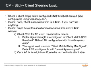 CONFIDENTIAL © Copyright 2014. Aruba Networks, Inc. All rights reserved
CM - Sticky Client Steering Logic
• Check if client drops below configured SNR threshold. Default (25);
configurable using “cm-sticky-snr”.
• If client does, check association time is < 4min. If yes; don’t do
anything.
• If client drops below threshold and association time above 4min
window
a) Check VBR for AP which meets below criteria
I. Better signal strength as configured in “Client Match SNR
threshold”. Default 10. configurable with “cm-sticky-snr-
delta”
II. The signal level is above “Client Match Sticky Min Signal”.
Default 70. configurable with “cm-sticky-min-signal”
b) Once AP is found; inform Controller to coordinate client steer
 