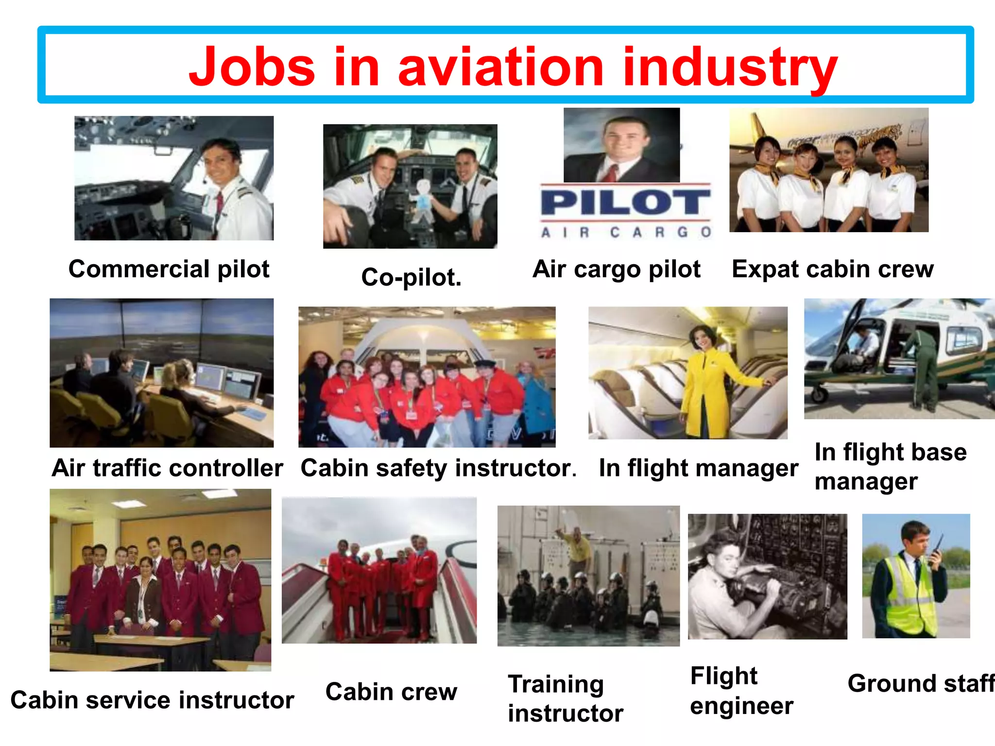 Jobs in aviation industry


    Commercial pilot         Co-pilot.      Air cargo pilot   Expat cabin crew




                                                                       In flight base
   Air traffic controller Cabin safety instructor. In flight manager
                                                                       manager




                                          Training        Flight          Ground staff
Cabin service instructor   Cabin crew
                                          instructor      engineer
 