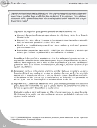 Consejos Técnicos Escolares	 ruta de mejora escolar
12
	 Algunos de los propósitos que sugerimos proponer en este intercambio son:
➤	Compartir las problemáticas que determinaron los objetivos y metas de su Ruta de
Mejora Escolar.
➤	 Compartir las causas y las acciones que se han propuesto para atender las problemáti-
cas y los resultados que se han obtenido hasta ahora.
➤	Identificar las coincidencias (problemáticas, causas, acciones y resultados) que com-
parten como escuelas.
➤	Intercambiar propuestas, experiencias, estrategias, procedimientos y recursos que
contribuyan a resolver las problemáticas en común entre las escuelas.
	 Para el logro de los propósitos, anteriormente descritos, del Aprendizaje entre escuelas se
requiere que cada colectivo establezca como punto de partida la problemática del plantel,
derivada de los objetivos y metas de su Ruta de Mejora Escolar, que habrá de compartir
para recibir de las otras escuelas recomendaciones, estrategias, recursos y propuestas que
ayuden a su atención.
20.	Establezcan, con base en lo anterior, una forma sencilla y ágil para presentar a sus pares
la problemática de su escuela y, en su caso, las prácticas docentes que les han permitido
avanzar con el propósito de orientar el intercambio entre colegas. Consideren que los in-
sumos necesarios para realizar esta presentación son los materiales con que cuenta su
escuela y, por tanto, no deben implicar un trabajo adicional al colectivo.
21.	Registren en su Cuaderno de Bitácora las ideas y los acuerdos generados en la actividad
previa. Esto será un elemento para que el Consejo Técnico de Zona tome decisiones en
torno a la organización y desarrollo de la cuarta sesión.
	 El director escolar, a partir del trabajo en CTZ, informará acerca de los acuerdos esta-
blecidos para llevar a cabo este intercambio entre escuelas que habrá de realizarse en la
siguiente sesión ordinaria.
Este intercambio considera la interacción entre pares como un proceso de aprendizaje mutuo, basado en la
autocrítica y en el análisis, donde se habla honesta y abiertamente de los problemas y éxitos cotidianos,
orientando la acción y generación de acuerdos básicos que impulsen los cambios necesarios hacia la mejora
del desempeño escolar.*
*
	AFSEDF, Aprender entre pares. Una propuesta de desarrollo profesional para la mejora de la escuela. Supervisión
XXI Herramientas para su actuación, México.
 