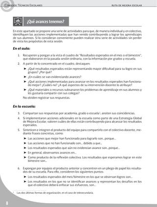 Consejos Técnicos Escolares	 ruta de mejora escolar
8
En este apartado se propone una serie de actividades para que, de manera individual y en colectivo,
identifiquen las acciones implementadas que han venido contribuyendo a lograr los aprendizajes
de sus alumnos. Si lo consideran conveniente pueden realizar otra serie de actividades sin perder
de vista los propósitos de esta sesión.
En el aula:
1.	 Recuperen y pongan a la vista el cuadro de “Resultados esperados en el mes o el bimestre”,
que elaboraron en la pasada sesión ordinaria, con la información por grados y escuela.
2.	 A partir de lo concentrado en el cuadro, destaquen:
➤	 ¿Qué resultados esperados están representando mayor dificultad para su logro en sus
grupos? ¿Por qué?
➤	 ¿En cuáles se van evidenciando avances?
➤	 ¿Qué acciones implementadas para avanzar en los resultados esperados han funciona-
do mejor? ¿Cuáles no? ¿A qué aspectos de su intervención docente lo atribuye?
➤	 ¿Qué materiales o recursos subsanaron los problemas de aprendizaje en sus alumnos y
les gustaría compartir con sus colegas?
	 No olviden registrar sus respuestas.
En la escuela:
3.	 Compartan sus respuestas por academia, grado o escuela1
; anoten sus coincidencias.
4.	 Si implementaron acciones adicionales en la escuela como parte de una Estrategia Global
de Mejora Escolar, valoren cuáles de ellas están contribuyendo para alcanzar los resultados
esperados.
5.	 Sinteticen e integren el producto del equipo para compartirlo con el colectivo docente, me-
diante frases concretas, como:
➤	 Las acciones que mejor han funcionado para lograrlo son…porque…
➤	 Las acciones que no han funcionado son… debido a que…
➤	 Los resultados esperados que aún no evidencian avance son…porque…
➤	 En general, observamos avances en…
➤	 Como producto de la reflexión colectiva: Los resultados que esperamos lograr en este
bimestre son…
6.	 Expongan por equipos el producto anterior y concentren en un pliego de papel los resulta-
dos de su escuela. Para ello, consideren los siguientes puntos:
➤	 Los resultados esperados del mes/bimestre en los que se observan logros son…
➤	Los resultados en los que no se identifican avances y representan los desafíos en los
que el colectivo deberá enfocar sus esfuerzos, son...
¿Qué avances tenemos?
1
	 Las dos últimas formas de organización, en el caso de telesecundaria.
 