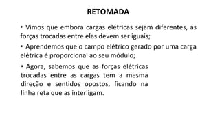 • Vimos que embora cargas elétricas sejam diferentes, as
forças trocadas entre elas devem ser iguais;
• Aprendemos que o campo elétrico gerado por uma carga
elétrica é proporcional ao seu módulo;
RETOMADA
• Agora, sabemos que as forças elétricas
trocadas entre as cargas tem a mesma
direção e sentidos opostos, ficando na
linha reta que as interligam.
 