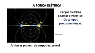 Cargas elétricas
opostas atraem-se!
Os campos
produzem forças.
A FORÇA ELÉTRICA
As forças provém de corpos externos!
Autoria Própria
 