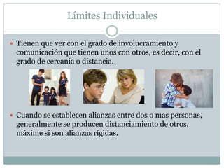 Límites Individuales
 Tienen que ver con el grado de involucramiento y
comunicación que tienen unos con otros, es decir, con el
grado de cercanía o distancia.
 Cuando se establecen alianzas entre dos o mas personas,
generalmente se producen distanciamiento de otros,
máxime si son alianzas rígidas.
 