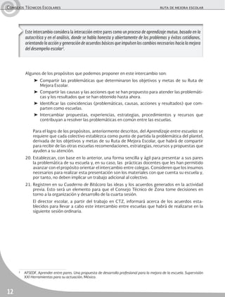 Consejos Técnicos Escolares	 ruta de mejora escolar
12
Algunos de los propósitos que podemos proponer en este intercambio son:
➤	Compartir las problemáticas que determinaron los objetivos y metas de su Ruta de
Mejora Escolar.
➤	 Compartir las causas y las acciones que se han propuesto para atender las problemáti-
cas y los resultados que se han obtenido hasta ahora.
➤	Identificar las coincidencias (problemáticas, causas, acciones y resultados) que com-
parten como escuelas.
➤	Intercambiar propuestas, experiencias, estrategias, procedimientos y recursos que
contribuyan a resolver las problemáticas en común entre las escuelas.
	 Para el logro de los propósitos, anteriormente descritos, del Aprendizaje entre escuelas se
requiere que cada colectivo establezca como punto de partida la problemática del plantel,
derivada de los objetivos y metas de su Ruta de Mejora Escolar, que habrá de compartir
para recibir de las otras escuelas recomendaciones, estrategias, recursos y propuestas que
ayuden a su atención.
20.	Establezcan, con base en lo anterior, una forma sencilla y ágil para presentar a sus pares
la problemática de su escuela y, en su caso, las prácticas docentes que les han permitido
avanzar con el propósito orientar el intercambio entre colegas. Consideren que los insumos
necesarios para realizar esta presentación son los materiales con que cuenta su escuela y,
por tanto, no deben implicar un trabajo adicional al colectivo.
21.	Registren en su Cuaderno de Bitácora las ideas y los acuerdos generados en la actividad
previa. Esto será un elemento para que el Consejo Técnico de Zona tome decisiones en
torno a la organización y desarrollo de la cuarta sesión.
	 El director escolar, a partir del trabajo en CTZ, informará acerca de los acuerdos esta-
blecidos para llevar a cabo este intercambio entre escuelas que habrá de realizarse en la
siguiente sesión ordinaria.
Este intercambio considera la interacción entre pares como un proceso de aprendizaje mutuo, basado en la
autocrítica y en el análisis, donde se habla honesta y abiertamente de los problemas y éxitos cotidianos,
orientando la acción y generación de acuerdos básicos que impulsen los cambios necesarios hacia la mejora
del desempeño escolar2
.
2
	AFSEDF, Aprender entre pares. Una propuesta de desarrollo profesional para la mejora de la escuela. Supervisión
XXI Herramientas para su actuación, México.
 
