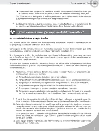 Tercera Sesión Ordinaria	 Educación Inicial y Preescolar
9
➤	 Los resultados en los que no se identifican avances y representan los desafíos en los que
el colectivo deberá enfocar sus esfuerzos durante los meses de diciembre y enero, son...
	 En CTE de escuelas multigrado, el análisis puede ser a partir del resultado de los avances
que presentan el conjunto de escuelas que integran el colectivo.
7.	 Destaquen la manera en que la atención de estos resultados favorece el cumplimiento de
los objetivos y metas establecidos en la planeación de su Ruta de Mejora Escolar.
¿Cómo lo vamos a hacer? ¿Qué requerimos fortalecer o modificar?
Intercambio de ideas y experiencias
Para atender los desafíos identificados en la actividad 6 elaboren una propuesta de intervención en
la que participan todos en un trabajo entre pares.
Como apoyo a este ejercicio, utilicen los materiales, recursos y fuentes de información que, en la
segunda sesión, se comprometieron a investigar y compartir con el colectivo.
Si el tiempo de la sesión y las condiciones de conectividad se los permiten, conozcan y naveguen
por la Plataforma @prende 2.0 e incluyan en su lista de recursos algunos de los materiales que se
proponen para complementarla.
Al contar con distintos materiales, recursos y fuentes de información, es importante identificar
con claridad la utilidad que cada uno de ellos puede ofrecer para la resolución de los desafíos que
enfrenta la escuela.
8.	 Realicen una revisión conjunta de tales materiales, recursos y fuentes, y organícenlos de-
terminando un criterio; por ejemplo:
a)	 Porque brindan estrategias didácticas para el aprendizaje.
b)	 Porque ofrecen información sobre contenidos relacionados con los aprendizajes esperados.
c)	 Porque aportan elementos para la planeación, el seguimiento y la evaluación entre otros.
d)	 Porque brindan sugerencias para la elaboración de material didáctico.
e)	 Porque presentan sugerencias para consolidar aprendizajes esperados.
f)	 Porque corresponden a indicadores de seguimiento de la escuela (lenguaje oral, lenguaje
escrito, pensamiento matemático, participación en clase, convivencia, entre otros).
9.	 A partir de esta organización, seleccionen los materiales en los que se apoyarán para ela-
borar propuestas de intervención con las que habrán de atender los desafíos identificados.
10.	Determinen las propuestas de intervención que aplicarán durante las siguientes semanas;
tomen los acuerdos necesarios para su implementación. Incluyan las adecuaciones que
permitirán atender la diversidad en el aprendizaje de sus alumnos, así como los instru-
mentos para evaluar los resultados en los alumnos.
	 Estos productos del CTE deberán ir integrándose para conformar un recurso de consulta
propio del plantel, Un formato de tarjeta como la que se utilizó en la segunda sesión puede
ser de gran utilidad.
11.	Cada equipo expone su propuesta de intervención para recibir comentarios y sugerencias
del colectivo, y fortalecerla.
 