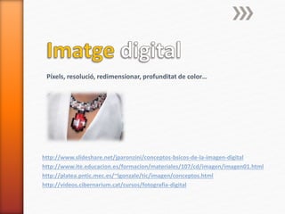 http://www.slideshare.net/jparonzini/conceptos-bsicos-de-la-imagen-digital
http://www.ite.educacion.es/formacion/materiales/107/cd/imagen/imagen01.html
http://platea.pntic.mec.es/~lgonzale/tic/imagen/conceptos.html
http://videos.cibernarium.cat/cursos/fotografia-digital
Píxels, resolució, redimensionar, profunditat de color…
 