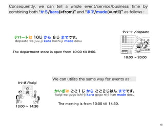 Consequently, we can tell a whole event/service/business time by
combining both から/kara(=from) and まで/made(=until) as follows :

デパート／depaato

デパートは 10じ から ８じ までです。
depaato wa juu-ji kara hachi-ji made desu

The department store is open from 10:00 till 8:00.
10:00 ∼ 20:00

We can utilize the same way for events as :
かいぎ／kaigi

かいぎは ごご１じ から ごご２じはん までです。
kaigi wa gogo ichi-ji kara gogo ni-ji han made desu

13:00 ∼ 14:30

The meeting is from 13:00 till 14:30.

10

 