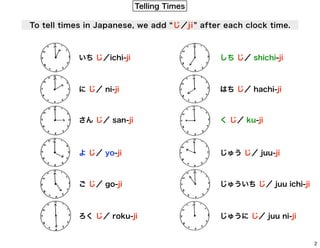 Telling Times
To tell times in Japanese, we add じ／j i after each clock time.

いち じ／ichi-ji

しち じ／ shichi-ji

に じ／ ni-ji

はち じ／ hachi-ji

さん じ／ san-ji

く じ／ ku-ji

よ じ／ yo-ji

じゅう じ／ juu-ji

ご じ／ go-ji

じゅういち じ／ juu ichi-ji

ろく じ／ roku-ji

じゅうに じ／ juu ni-ji

2

 