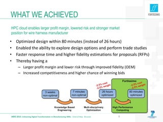WHAT WE ACHIEVED
I4MS 2015: Enhancing Digital Transformation in Manufacturing SMEs · 22nd of May · Brussels 6
HPC cloud enables larger profit margin, lowered risk and stronger market
position for wire harness manufacturer
• Optimized design within 80 minutes (instead of 26 hours)
• Enabled the ability to explore design options and perform trade studies
• Faster response time and higher fidelity estimations for proposals (RFPs)
• Thereby having a
– Larger profit margin and lower risk through improved fidelity (OEM)
– Increased competitiveness and higher chance of winning bids
 