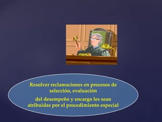 Resolver reclamaciones en procesos de
selección, evaluación
del desempeño y encargo les sean
atribuidas por el procedimiento especial
 