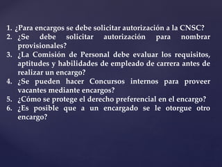 1. ¿Para encargos se debe solicitar autorización a la CNSC?
2. ¿Se debe solicitar autorización para nombrar
provisionales?
3. ¿La Comisión de Personal debe evaluar los requisitos,
aptitudes y habilidades de empleado de carrera antes de
realizar un encargo?
4. ¿Se pueden hacer Concursos internos para proveer
vacantes mediante encargos?
5. ¿Cómo se protege el derecho preferencial en el encargo?
6. ¿Es posible que a un encargado se le otorgue otro
encargo?
 