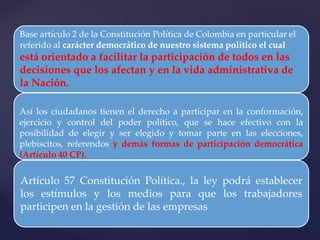 Base artículo 2 de la Constitución Política de Colombia en particular el
referido al carácter democrático de nuestro sistema político el cual
está orientado a facilitar la participación de todos en las
decisiones que los afectan y en la vida administrativa de
la Nación.
Así los ciudadanos tienen el derecho a participar en la conformación,
ejercicio y control del poder político, que se hace efectivo con la
posibilidad de elegir y ser elegido y tomar parte en las elecciones,
plebiscitos, referendos y demás formas de participación democrática
(Artículo 40 CP).
Artículo 57 Constitución Política., la ley podrá establecer
los estímulos y los medios para que los trabajadores
participen en la gestión de las empresas
 