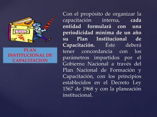 Con el propósito de organizar la
capacitación interna, cada
entidad formulará con una
periodicidad mínima de un año
su Plan Institucional de
Capacitación. Éste deberá
tener concordancia con los
parámetros impartidos por el
Gobierno Nacional a través del
Plan Nacional de Formación y
Capacitación, con los principios
establecidos en el Decreto Ley
1567 de 1968 y con la planeación
institucional.
PLAN
INSTITUCIONAL DE
CAPACITACION
 