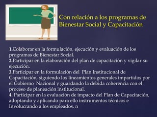 1.Colaborar en la formulación, ejecución y evaluación de los
programas de Bienestar Social.
2.Participar en la elaboración del plan de capacitación y vigilar su
ejecución.
3.Participar en la formulación del Plan Institucional de
Capacitación, siguiendo los lineamientos generales impartidos por
el Gobierno Nacional y guardando la debida coherencia con el
proceso de planeación institucional.
4. Participar en la evaluación de impacto del Plan de Capacitación,
adoptando y aplicando para ello instrumentos técnicos e
Involucrando a los empleados. n
Con relación a los programas de
Bienestar Social y Capacitación
 