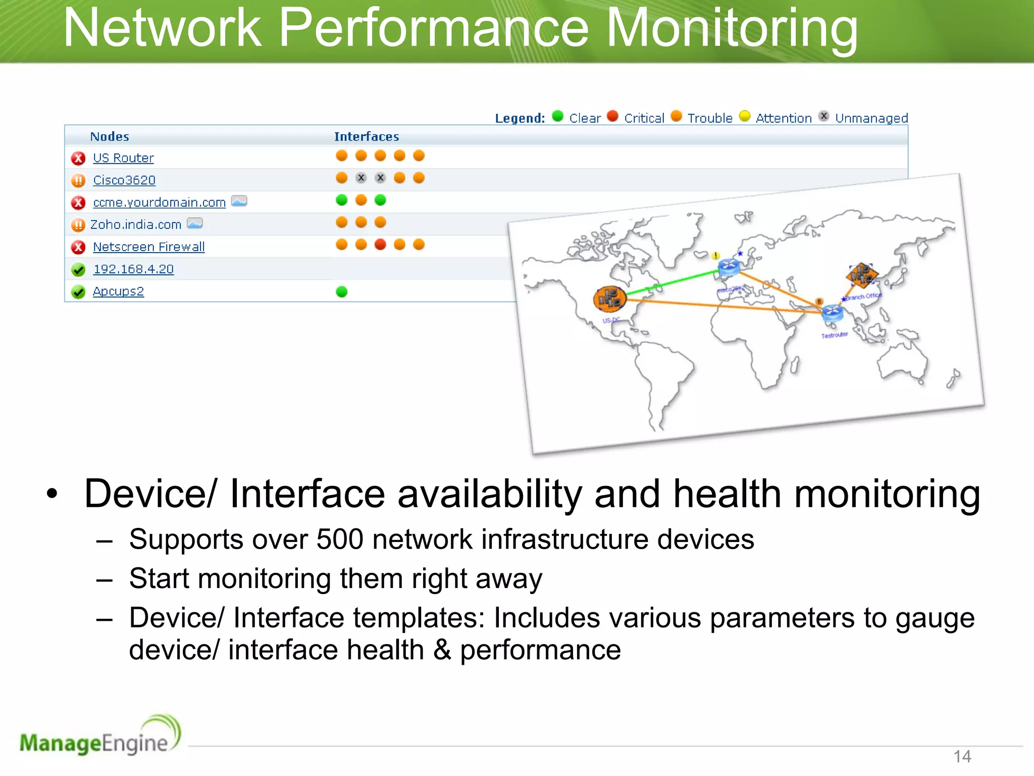 Network Performance Monitoring Device/ Interface availability and health monitoring Supports over 500 network infrastructure devices Start monitoring them right away Device/ Interface templates: Includes various parameters to gauge device/ interface health & performance  