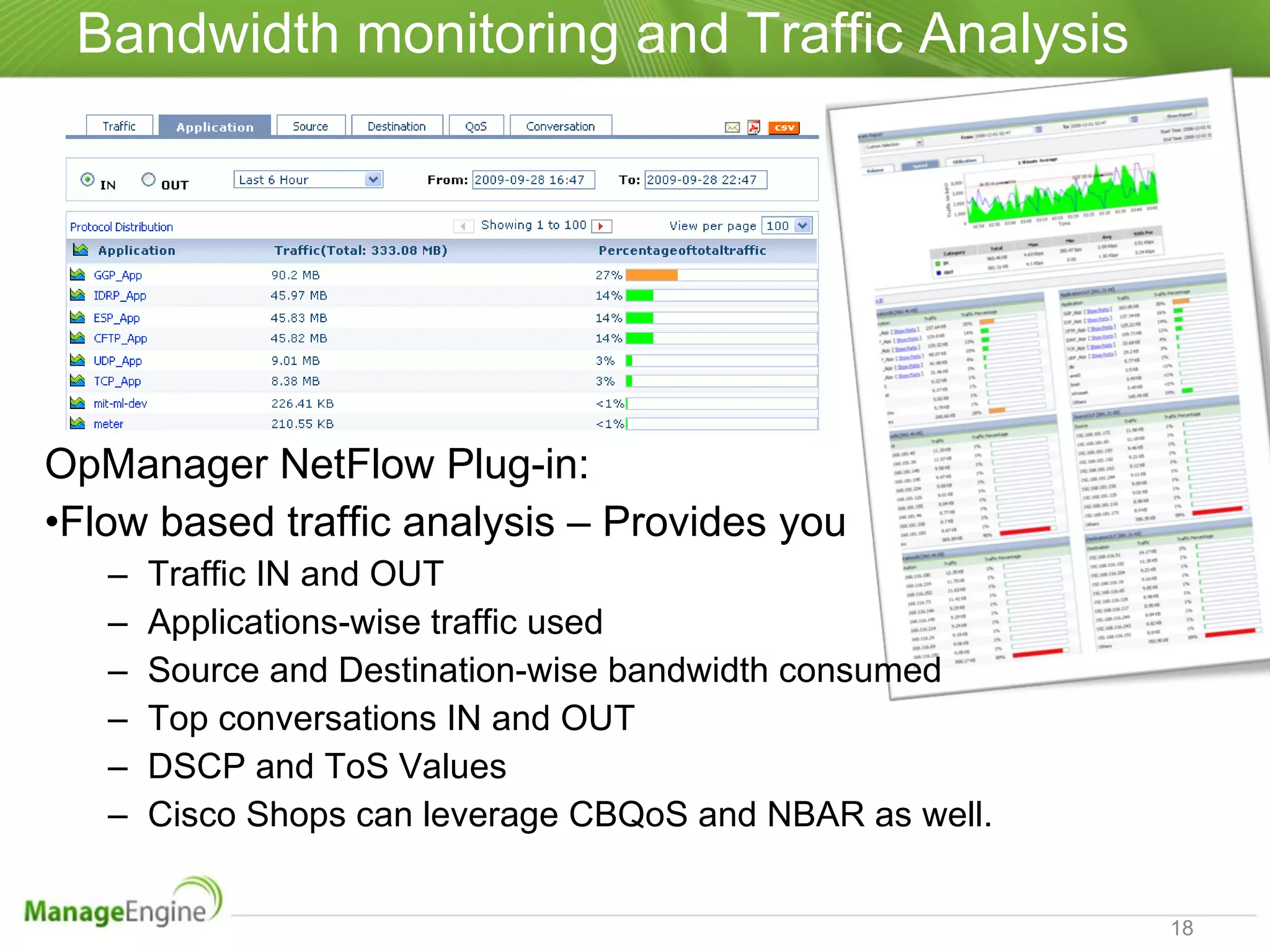Bandwidth monitoring and Traffic Analysis OpManager NetFlow Plug-in: Flow based traffic analysis – Provides you Traffic IN and OUT Applications-wise traffic used Source and Destination-wise bandwidth consumed Top conversations IN and OUT DSCP and ToS Values Cisco Shops can leverage CBQoS and NBAR as well. 