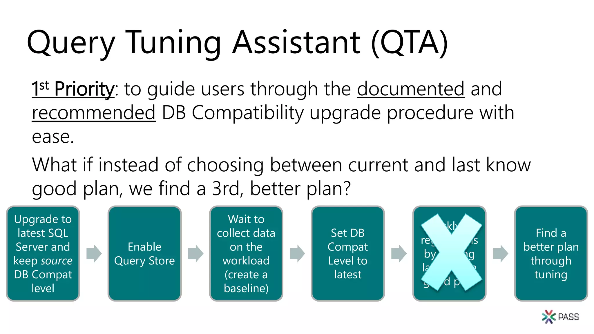 Query Tuning Assistant (QTA)
1st Priority: to guide users through the documented and
recommended DB Compatibility upgrade procedure with
ease.
What if instead of choosing between current and last know
good plan, we find a 3rd, better plan?
Upgrade to
latest SQL
Server and
keep source
DB Compat
level
Enable
Query Store
Wait to
collect data
on the
workload
(create a
baseline)
Set DB
Compat
Level to
latest
Quickly fix
regressions
by forcing
last known
good plan
Find a
better plan
through
tuning
 
