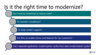 Is it the right time to modernize?
Do I need to modernize to reduce costs?
To maintain compliance?
To keep vendor support?
For ISVs, to enable choice and features for my customers?
Can I separate application modernization cycles from data modernization cycles?
 