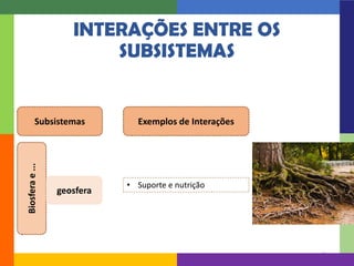 A. Estima
INTERAÇÕES ENTRE OS
SUBSISTEMAS
18
Subsistemas Exemplos de Interações
• Suporte e nutrição
Biosfera
e
...
geosfe...