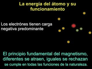 Los electrónes tienen carga
negativa predominante
El principio fundamental del magnetismo,
diferentes se atraen, iguales se rechazan
se cumple en todas las funciones de la naturaleza.
 