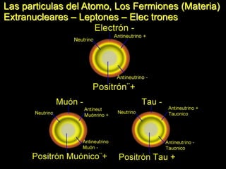 Las particulas del Atomo, Los Fermiones (Materia)
Extranucleares – Leptones – Elec trones
 